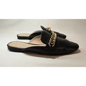 Gianni Bini Black Flat Mule Slip-On Gold Chain Sz 7 Leather Embellished Career